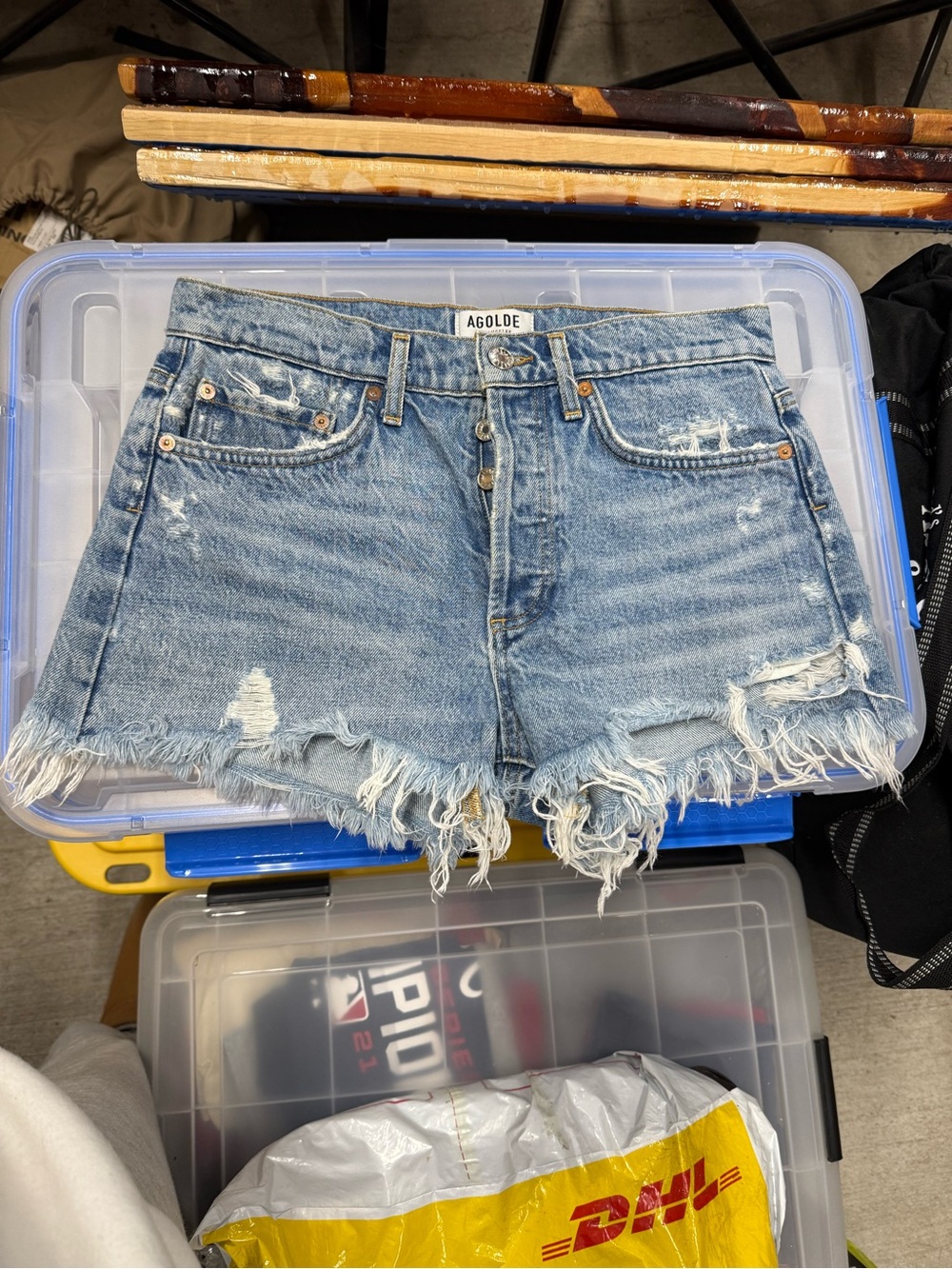 Agolde Light Blue Distressed Frayed Denim Cutoff Shorts